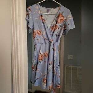 Alya Light Blue Rose Floral V-Neck Dress With Faux Tie Waist